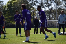 Orlando City SC players compete in a keep-away drill during training prior to the club's media day on Friday, February 26, 2016. (Victor Ng / Orlando Soccer Journal)