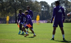 Orlando City SC players compete in a keep-away drill during training prior to the club's media day on Friday, February 26, 2016. (Victor Ng / Orlando Soccer Journal)