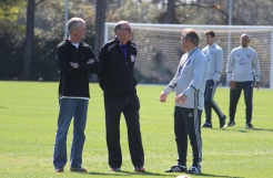 Phil Rawlins (middle) and Adrian Heath (right) speak during training prior to Orlando City SC's media day on Friday, February 26, 2016. (Mike Gramajo / Orlando Soccer Journal)