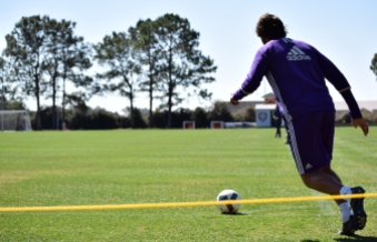 Ricardo Kaká winds up for a corner kick during training prior to Orlando City SC's media day on Friday, February 26, 2016. (Victor Ng / Orlando Soccer Journal)