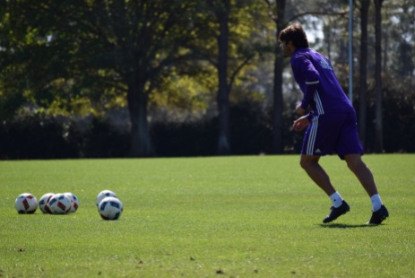 Ricardo Kaká winds up for a free kick during training prior to Orlando City SC's media day on Friday, February 26, 2016. (Victor Ng / Orlando Soccer Journal)